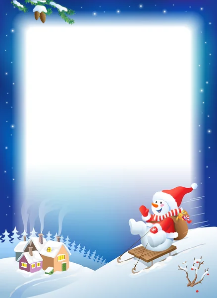 Sfondo di Natale vettoriale. Pupazzo di neve sulla slitta con regali . — Vettoriale Stock