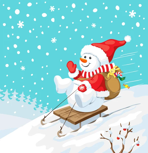 Weihnachtsillustration. Schneemann auf Schlitten mit Weihnachtsgeschenken. — Stockvektor