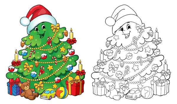 Livro para colorir, ilustração. Árvore de Natal com presentes. Conceito de cartão de saudação . —  Vetores de Stock