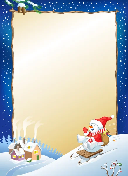 Fond vectoriel de Noël. Bonhomme de neige sur luge avec des cadeaux . — Image vectorielle