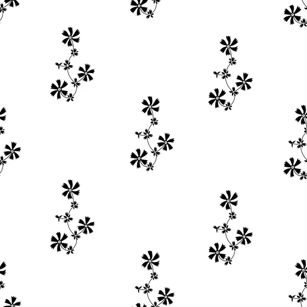 Ornate seamless pattern with small black flowers on white background. — Stock Vector