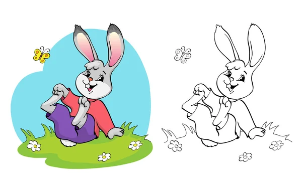 Malbuch oder Seite. Kaninchen auf einer Wiese zwischen Gänseblümchen und Schmetterling. — Stockvektor