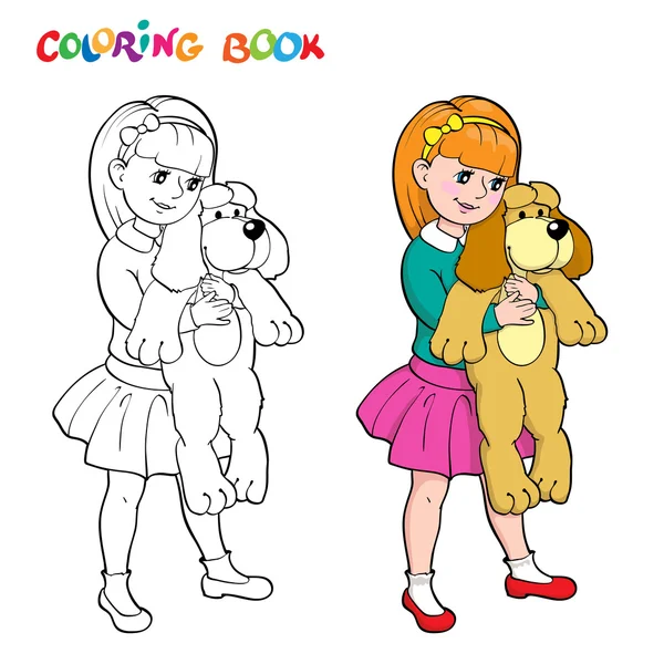 Colorir livro ou página. Menina com um cão de brinquedo . —  Vetores de Stock