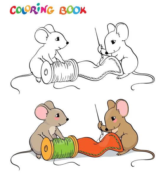 Livre ou page à colorier. Une aiguille à coudre de souris, l'autre tenant une bobine de fil . — Image vectorielle