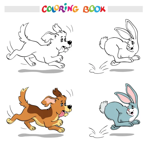 ぬりえブックまたはページ。ウサギを追いかける犬. — ストックベクタ