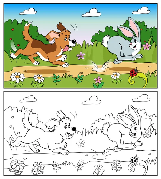 Coloring book or page. Dog in the meadow chasing a rabbit. — Stock Vector
