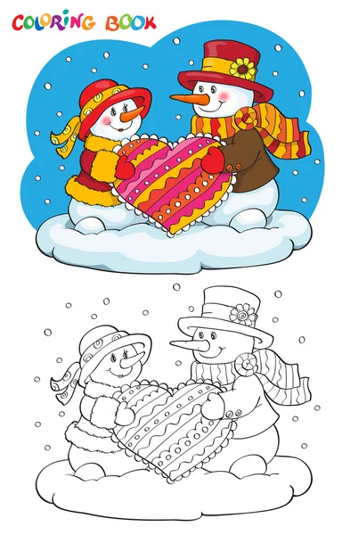 Colorir livro ou página. Dois bonecos de neve com coração . —  Vetores de Stock