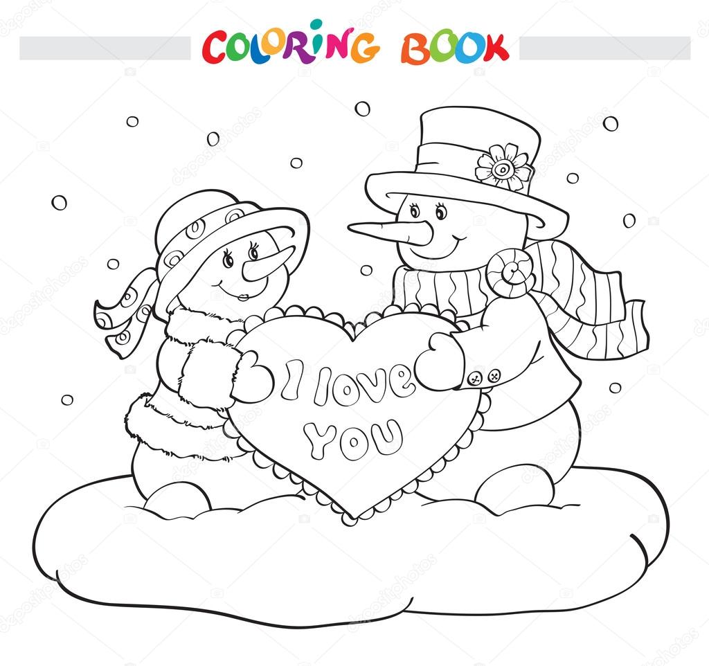 Livre de coloriage ou la page Deux bonhommes de neige mignons avec coeur — Vector by linaflerova