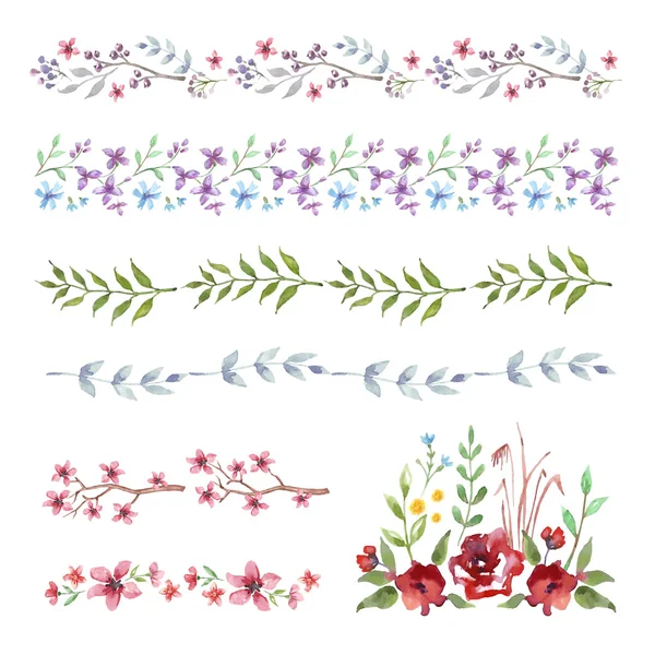 Floral grens. Reeks van vintage aquarel bloemen. — Stockvector