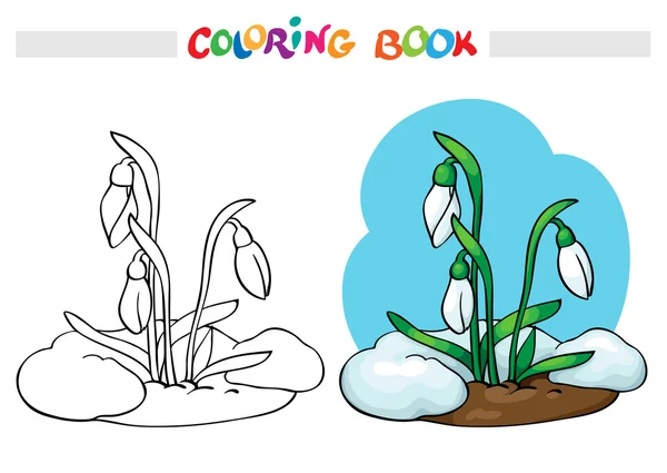 Livre à colorier. Neige fond, faire pousser les premières fleurs de printemps - gouttes de neige . — Image vectorielle