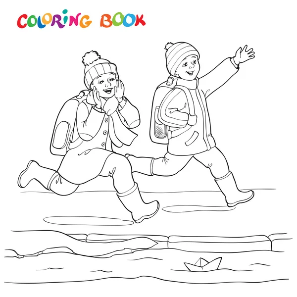 Libro para colorear o página. Dos niño alegre corriendo a lo largo de los charcos de barcos de papel . — Archivo Imágenes Vectoriales