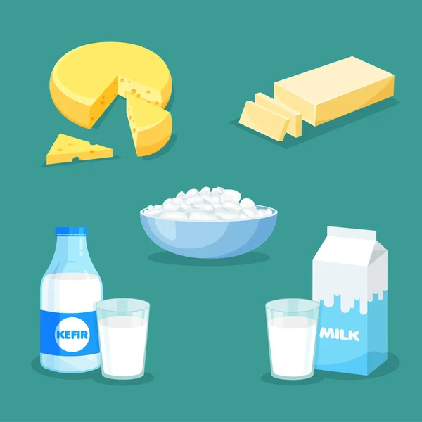 一套新鲜天然乳制品 病媒牛奶 奶酪图标在流行的扁平风格 蓝色背景孤立的农产品 — 图库矢量图片