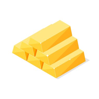 Beyaz arkaplanda izometrik parlak altın külçeler ya da külçeler var. İş konsepti. Web, oyunlar ve uygulamalar için simge. Vektör illüstrasyonu.