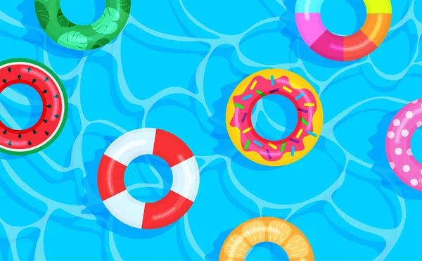 Πισίνα Φόντο Διαφορετικά Χρώματα Lifebuoys Καλοκαιρινό Πανό Εικονογράφηση Διάνυσμα Μοντέρνο — Διανυσματικό Αρχείο