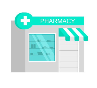 Son moda düz çizgi film tarzında eczane cephesi. Çizgi filmlerdeki eczane kokunu saymazsak. Bilgi elemanı. Vektör illüstrasyonu beyaz arkaplanda izole edildi.