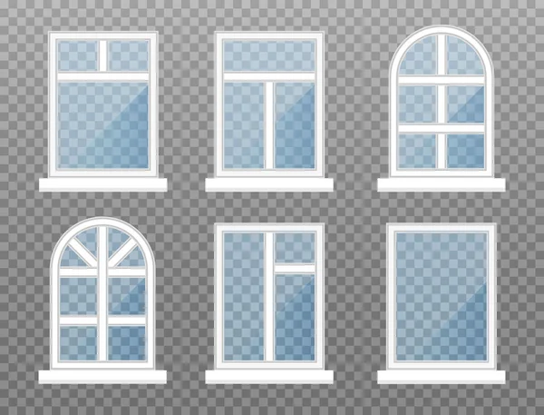 Conjunto Ventanas Aisladas Marco Ventana Tienda Frontal Con Gafas Azules — Vector de stock