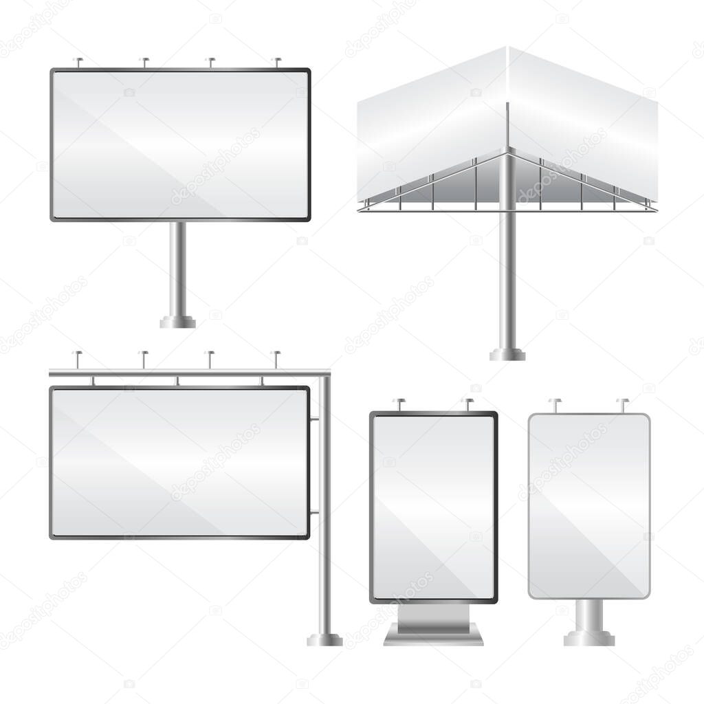 Blank billboard. Mockup and template for your advertisement and design. Realistic set of different perspectives advertising construction. Outdoor big board. Vector illustration.