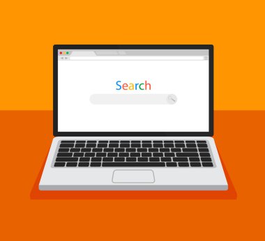 Bir ekranda dizüstü bilgisayar ve internet tarayıcı penceresi. Web tarayıcı boş şablonu düz bir şekilde. Vektör illüstrasyonu.