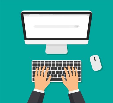 Bilgisayar ve internet tarayıcı penceresi ekranda. Eller bilgisayar klavyesinde yazıyor. Web tarayıcı boş şablonu modern 3d tarzında. Üst Manzara. Mavi arkaplanda vektör illüstrasyonu izole edildi.