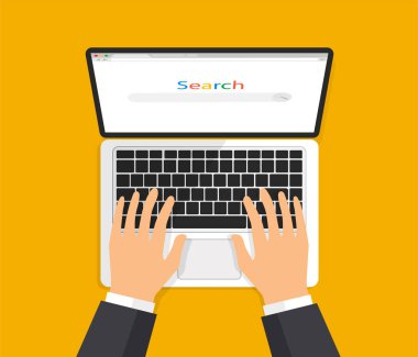 Ekranda dizüstü bilgisayar ve internet tarayıcısı var. Eller bilgisayar klavyesinde yazıyor. Web tarayıcı boş şablonu modern 3d tarzında. Üst Manzara. Sarı arkaplanda izole edilmiş vektör illüstrasyonu