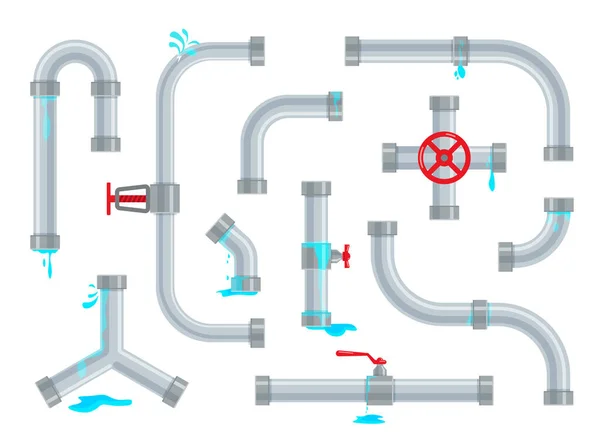 Tuyaux Eau Cassés Qui Fuient Réparation Plomberie Pièces Pipeline Vannes — Image vectorielle