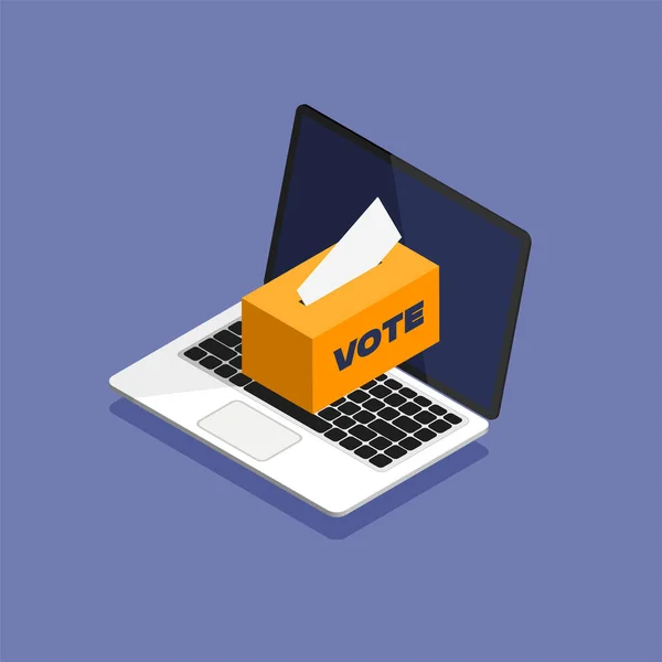 以等距方式在网上投票 把选票放进放在放在笔记本电脑显示屏上的投票箱里 孤立的矢量说明 — 图库矢量图片