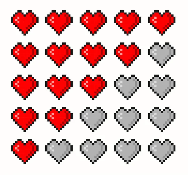 Pixelspiel Life Bar Bit Gesundheit Herzleiste Spielcontroller Eingestellte Symbole Vektor — Stockvektor