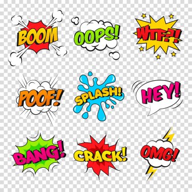 Bir dizi komik ses efekti. Cümleli çizgi film balonu Boom, Splash, WTF, Poof, Bang, Oops, Crack, OMG, Hey.