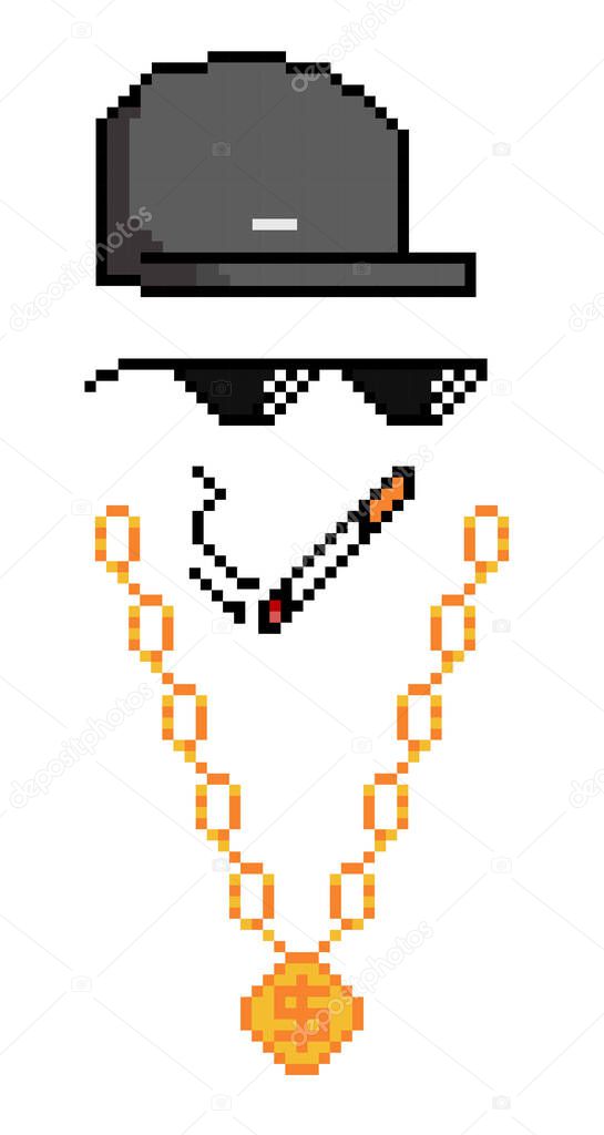 Boss or gangster pixel sunglasses, gold chain, cap and cigarette. Thug attributes isolated on white background. Vector illustration.