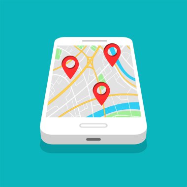 Harita navigasyonlu akıllı telefon. Kırmızı noktalı GPS navigatörü. Vektör illüstrasyonu.