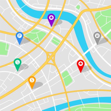 Üzerinde farklı bir renk olan sokak haritası. GPS navigatörü. Şehir manzarasında konum işaretleri. Vektör illüstrasyonu.