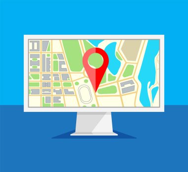 Ekranda haritalı bir bilgisayar monitörü. GPS navigatörü kırmızı noktalı. Bilgisayar ekranı mavi arkaplanda izole edildi. Modaya uygun düz bir şekilde vektör illüstrasyonu.