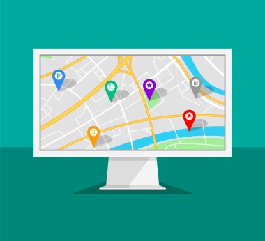 Ekranda haritalı bir bilgisayar monitörü. GPS yön bulucu farklı noktalarda. Vektör illüstrasyonu.