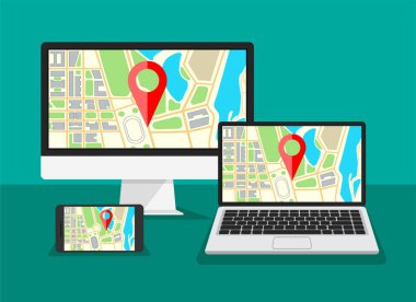 Harita navigasyonlu bilgisayar monitörü ekranda. Laptop, GPS navigatörü ve kırmızı noktalı telefon ekranı. Seyahat afişi için bir şablon. Vektör illüstrasyonu