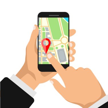 Eller ekranda haritalı akıllı telefonu tutuyor. GPS navigatörü kırmızı noktalı. Nokta işaretli şehir haritası. Vektör illüstrasyonu.