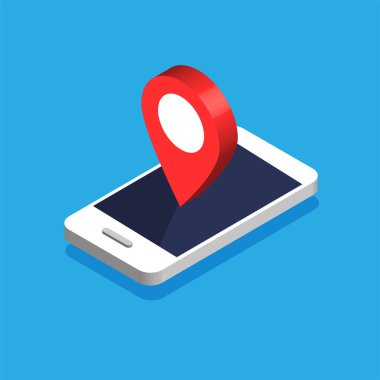 Ekranda harita navigasyonu olan Isometric telefon. GPS navigatörü kırmızı noktalı. Nokta işaretli şehir haritası. Mavi arkaplanda vektör illüstrasyonu izole edildi.