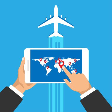 Elinde dünya seyahati haritası olan ve tam yerini gösteren bir telefon var. Küresel bir harita üzerinde konum ve kalkış uçağı. Vektör illüstrasyonu.