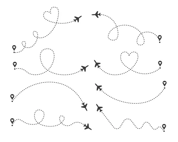 Eine Reihe Von Liebesflugzeugrouten Flugroute Des Flugzeugs Mit Startpunkt Und — Stockvektor