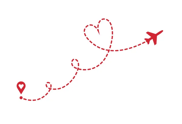 Vector Red Love uçak rotası. Uçuş rotası başlangıç noktası ve çizgi izi. Romantik seyahat, çarpık kalp, şeffaf arka planda izole edilmiş..