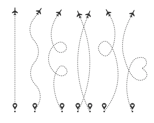 Ensemble Routes Avion Amour Itinéraire Vol Avion Avec Point Départ — Image vectorielle