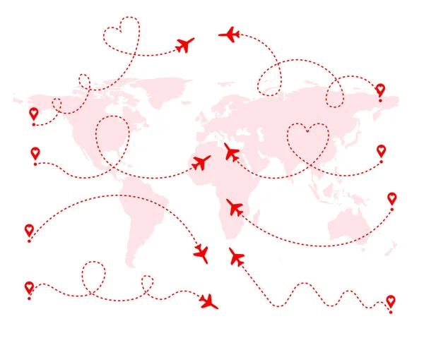 Conjunto Rutas Avión Amor Rojo Ruta Vuelo Del Avión Aéreo — Archivo Imágenes Vectoriales