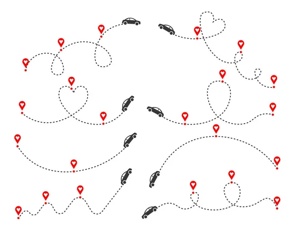 Zestaw Tras Miłosnych Samochodów Trasa Transportowa Punktem Początkowym Śladem Linii — Wektor stockowy