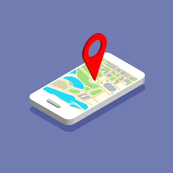 Izometrikus Telefon Térképnavigációval Kijelzőn Gps Navigátor Piros Pontossággal Várostérkép Pontjelzőkkel — Stock Vector