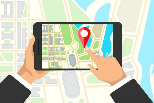 Mani Tiene Tablet Con Mappa Navigazione Uno Schermo Navigatore Gps — Vettoriale Stock