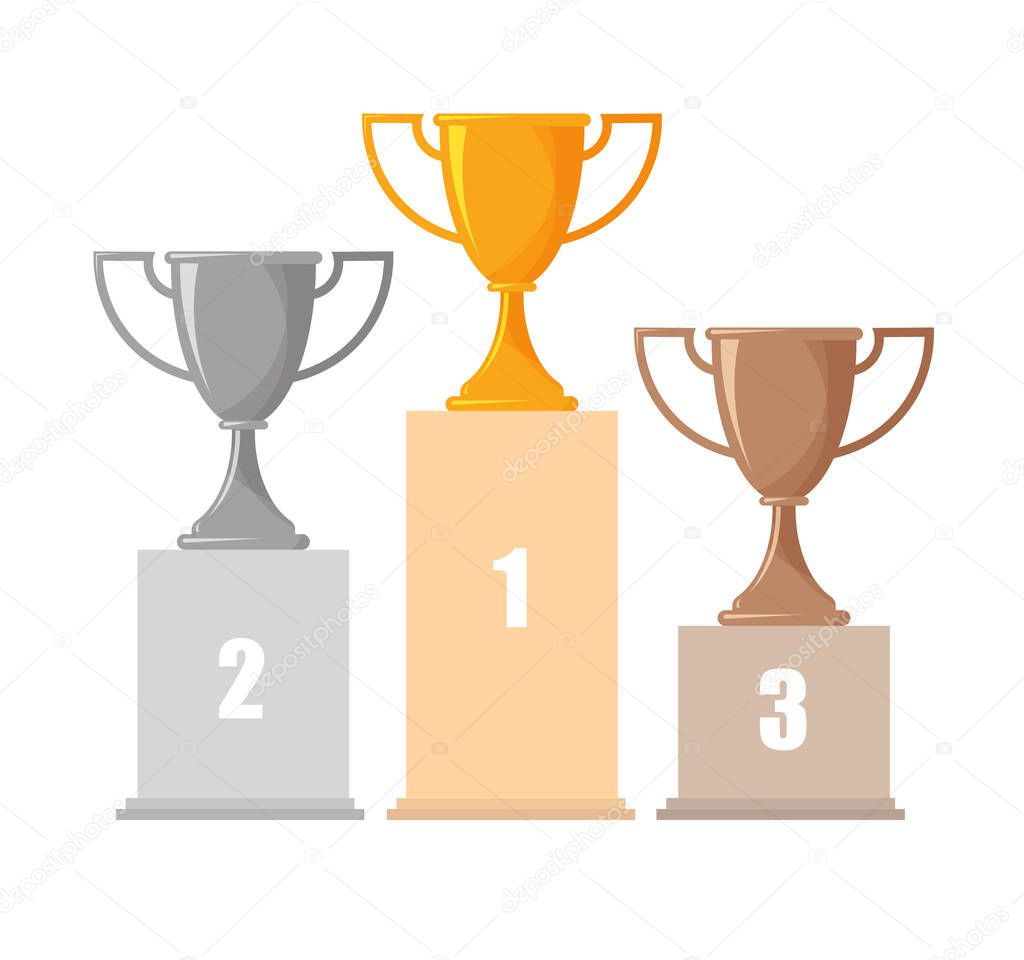 Silver, gold and bronze trophy cups. Award or winner cup on champion podium. Vector illustration isolated on white background.