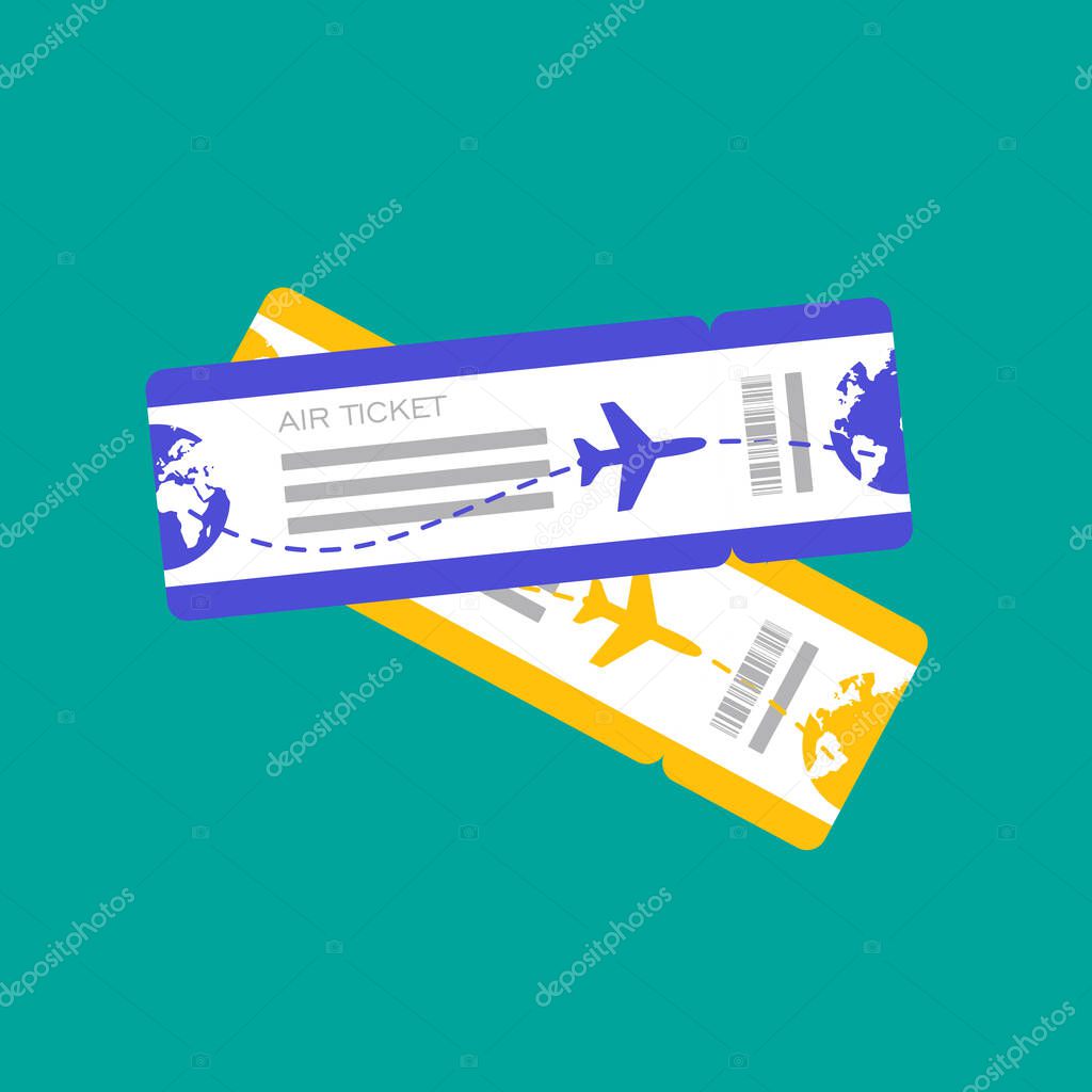 Flat design of two airline travel boarding pass. Vector template or mock up isolated. Front side ticket.
