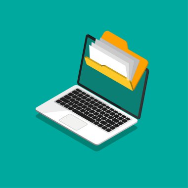 Dosya koruması. Moda eşölçülü bir bilgisayarda dosya ve belge içeren dizin. Bilgisayar ekranında veri güvenliği ve gizlilik kavramı. Güvenli gizli bilgi. Moda izometrik tarzda vektör illüstrasyonuName.