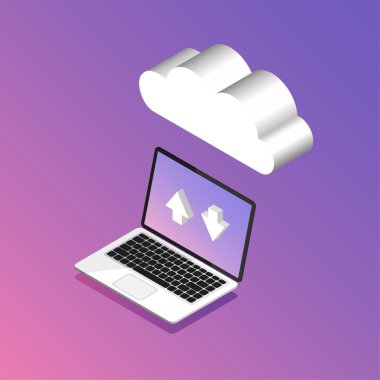 Bulut depolama kavramı. Laptop buluta bağlandı. İndirme işlemi. Moda izometrik tarzda vektör illüstrasyonuName.