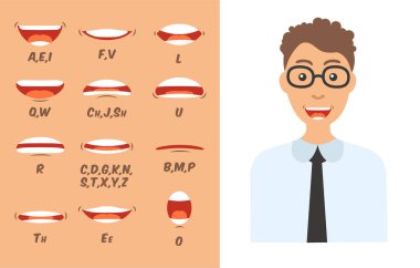 Lip and tongue sync set for animation and sound pronunciation. Human mouth cartoon collection in a flat cartoon style. Character face elements. Vector illustration in a trendy design. clipart