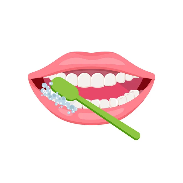 牙齿清洁和口腔卫生的概念 用绿色牙刷张嘴 有关牙齿护理的矢量图标 如何刷牙 — 图库矢量图片